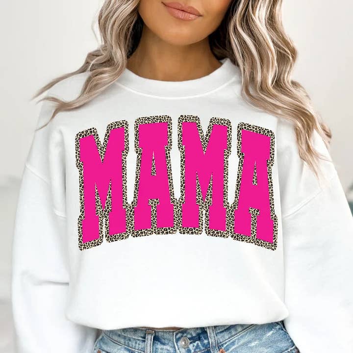 Pink Cheetah Mama Crewneck for wholesale by Mad Design Co. Ltd