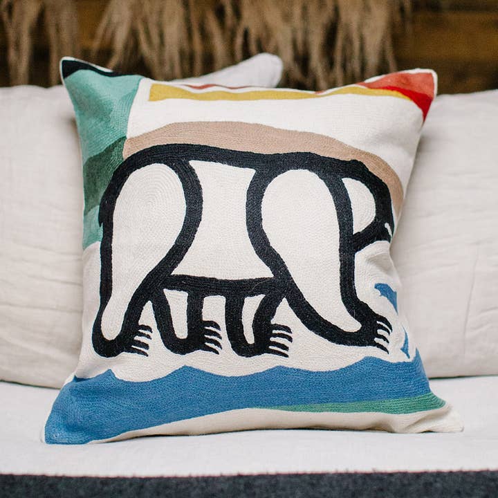 Hand-Embroidered Bear Design Pillow - 18-inch Square" for wholesale by Cashmere Crafts Inc