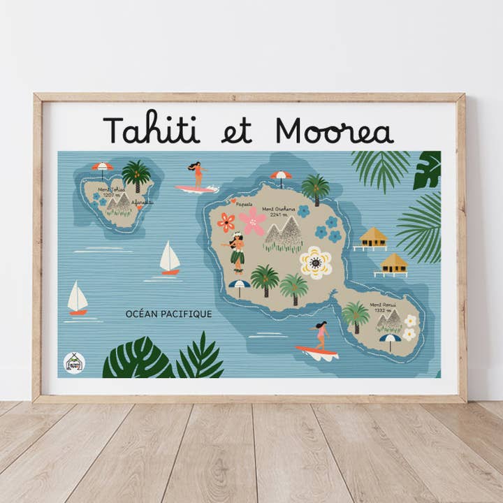 Poster TAHITI-MOOREA - Mappa Costiera per la vendita all'ingrosso da parte di Les Petits Yéyés
