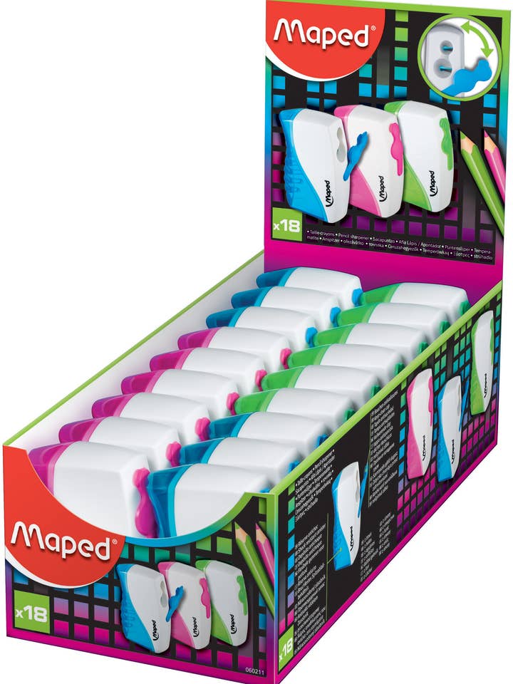 Vertical 2-Hole Locking Canister Pencil Sharpener Display for wholesale by Maped Helix USA