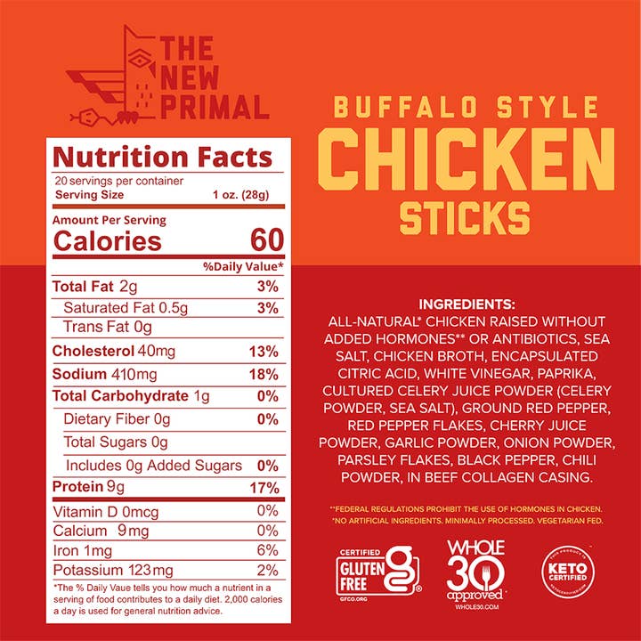New Primal - Wholesale Jerky - Buffalo Style All-Natural Chicken Meat Sticks, Zero Sugar