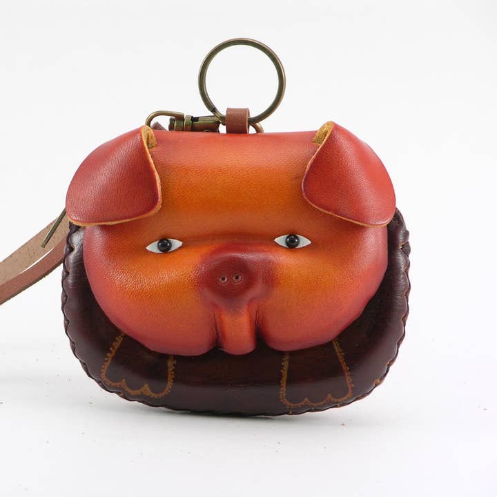 Leather Pig Wristlet Coin Purse Wallet in Brown for wholesale by Sunflower Handmade leather inc
