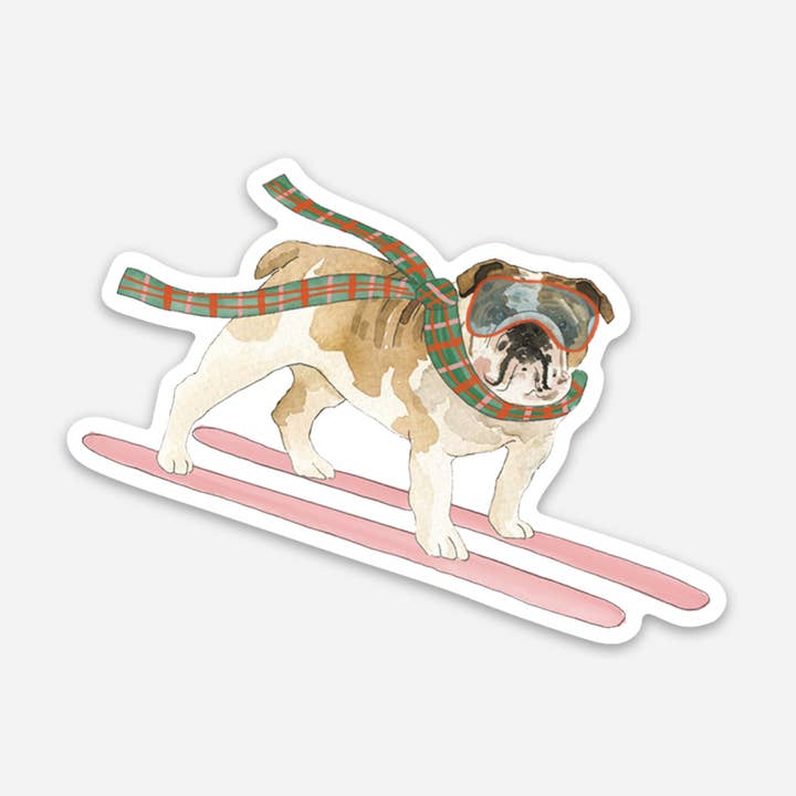 English Bulldog Sticker - Skiing Dogs - 3"x2" for wholesale by KelseyMDesigns