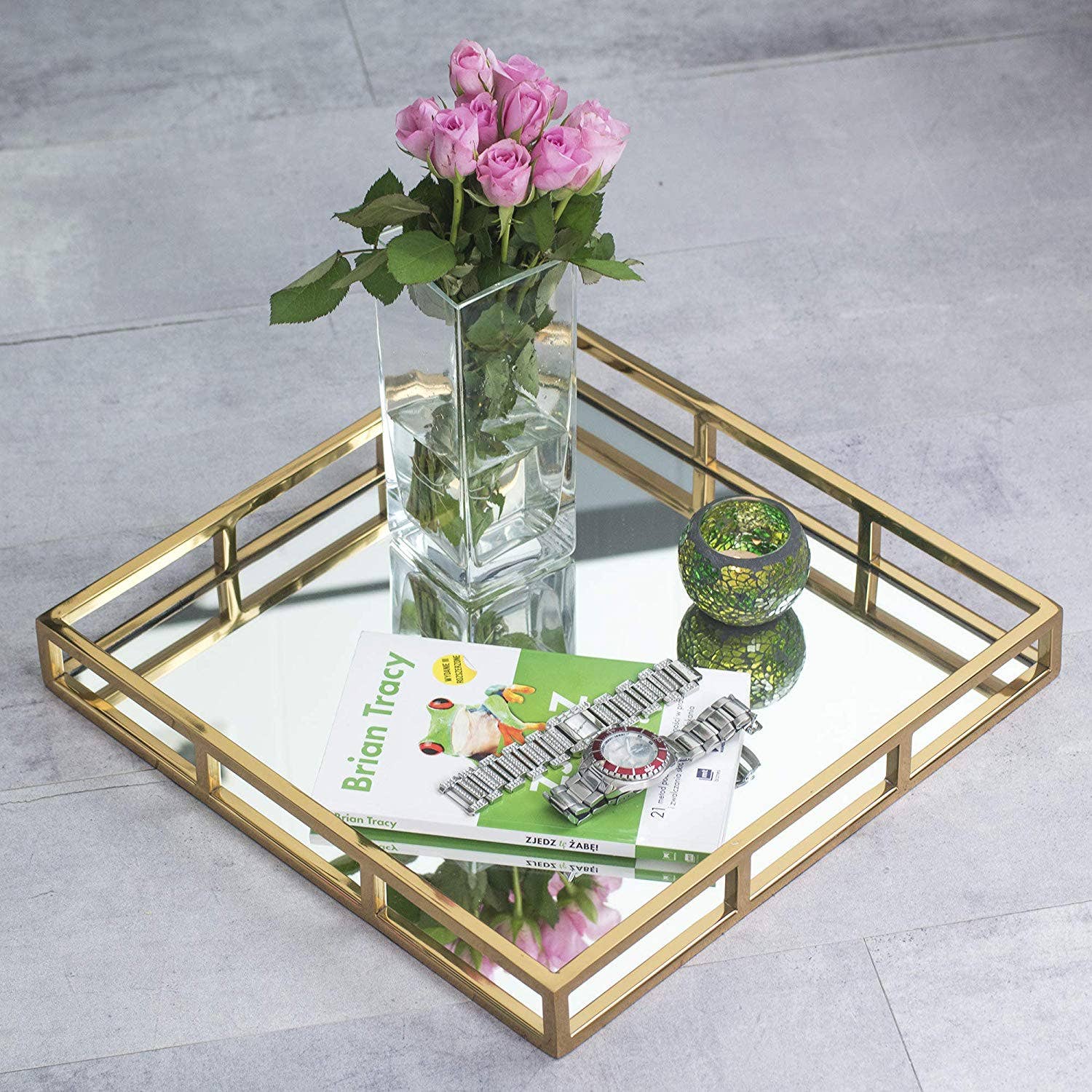 CLASSIC TOUCH DECOR INC. - Wholesale Decorative Tray - 16" Square Mirror Tray- Gold6