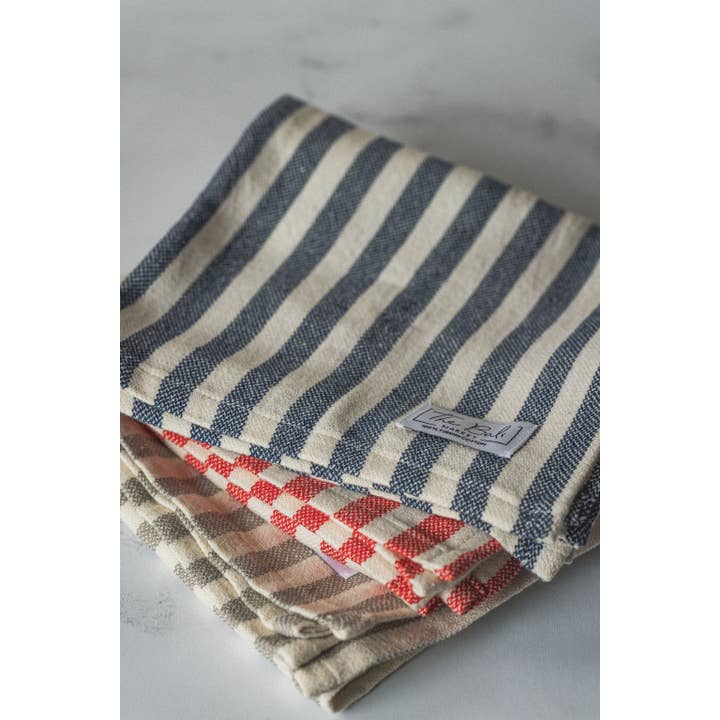 The Bali Market - Wholesale Hand Towel - Vertical Stripe Turkish Hand/Tea Towel Set - Red-Taupe-Navy - No Fringe