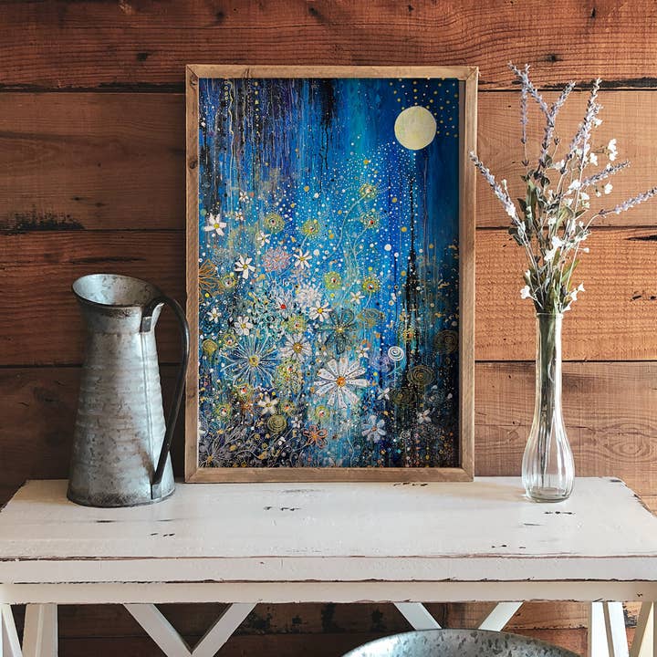 FINE ART PRINT Moon Stars Flowers, Romantic, Magical Mystery for wholesale by Manda Marble LLC
