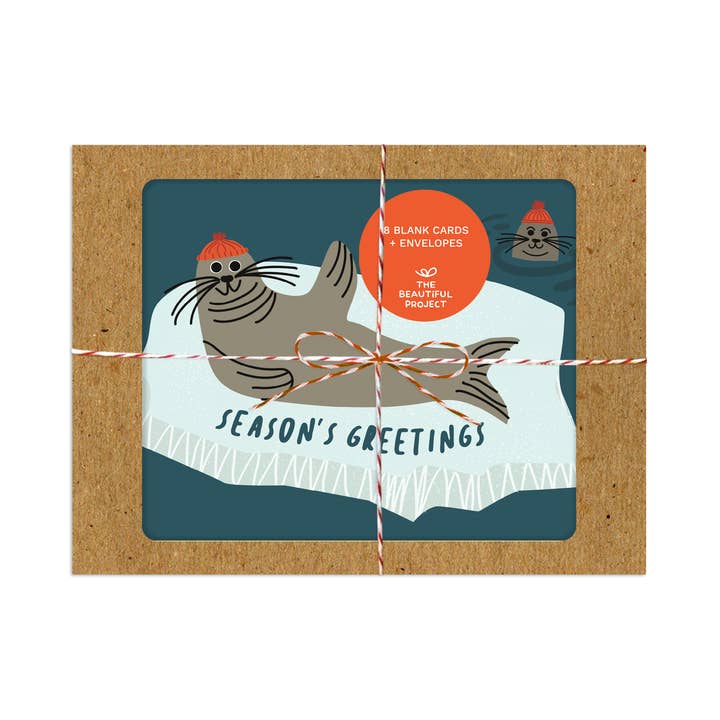 Cute Seals Season's Greetings Christmas Card Box Set of 8 for wholesale by The Beautiful Project