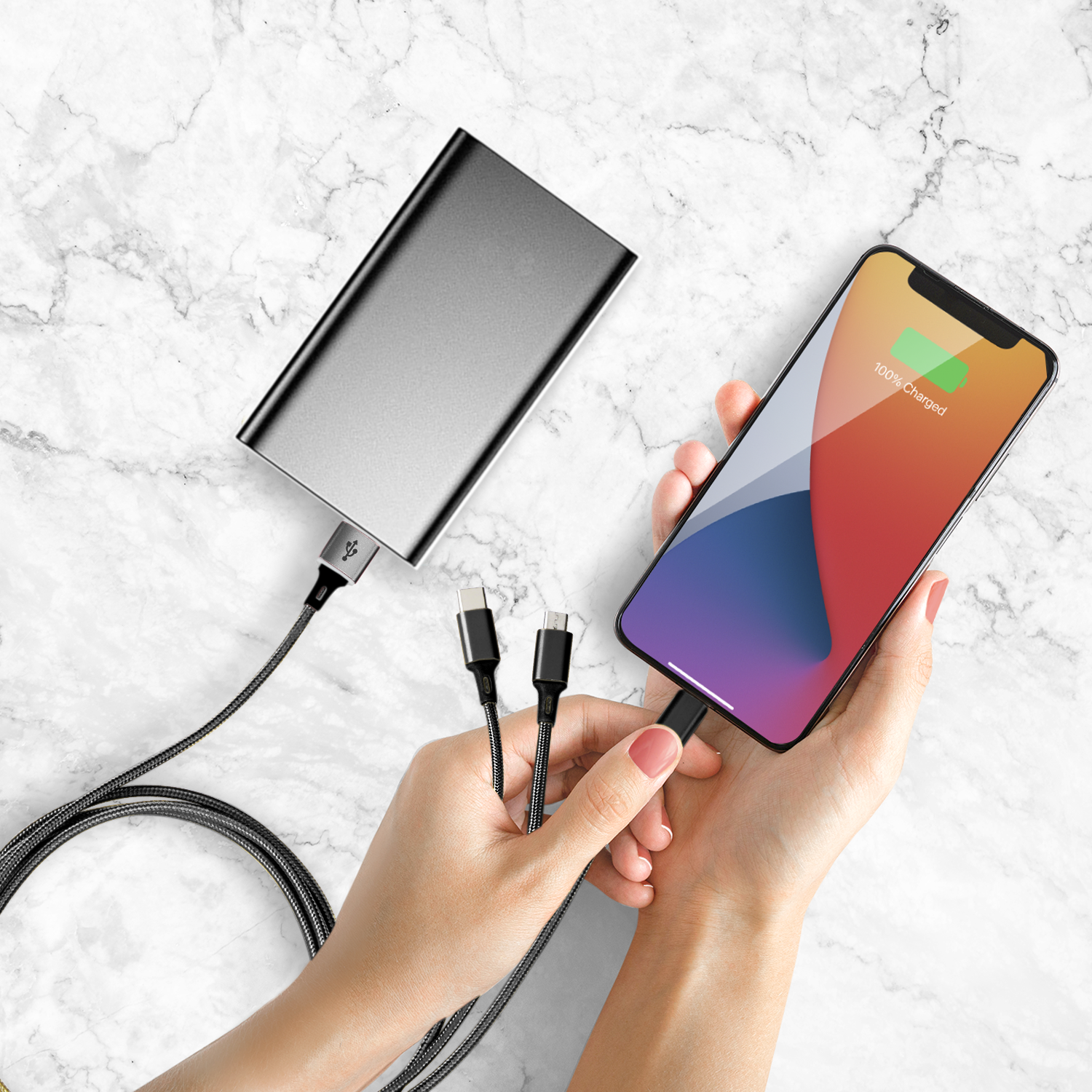 Ellie Rose - Wholesale Charging Cable - 3-in-1 Charging Cable 10 Ft Nylon - Black (USB A)7