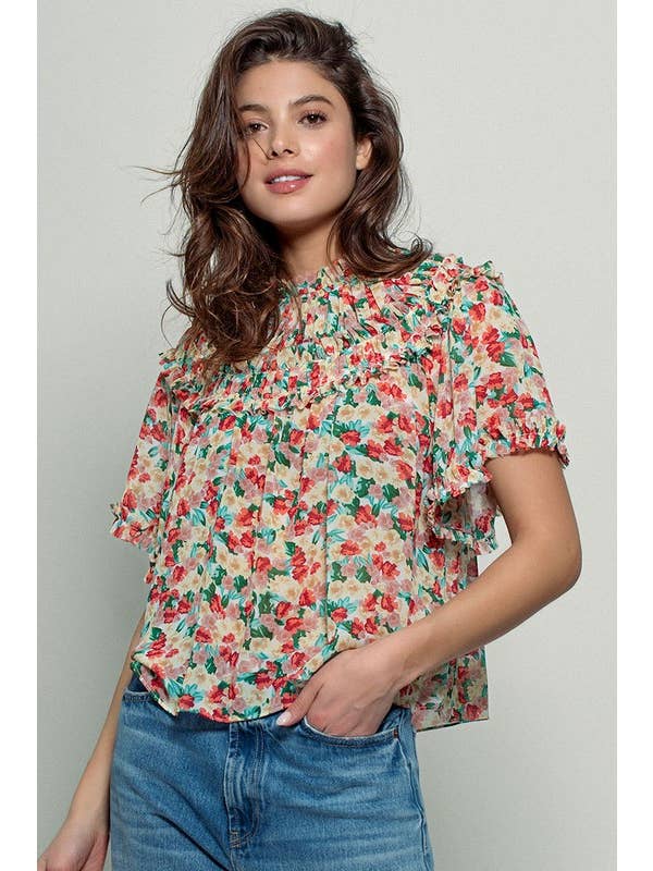 KORAAL/GROEN Aurora of Ruffle blouse met korte mouwen voor groothandel op Faire6