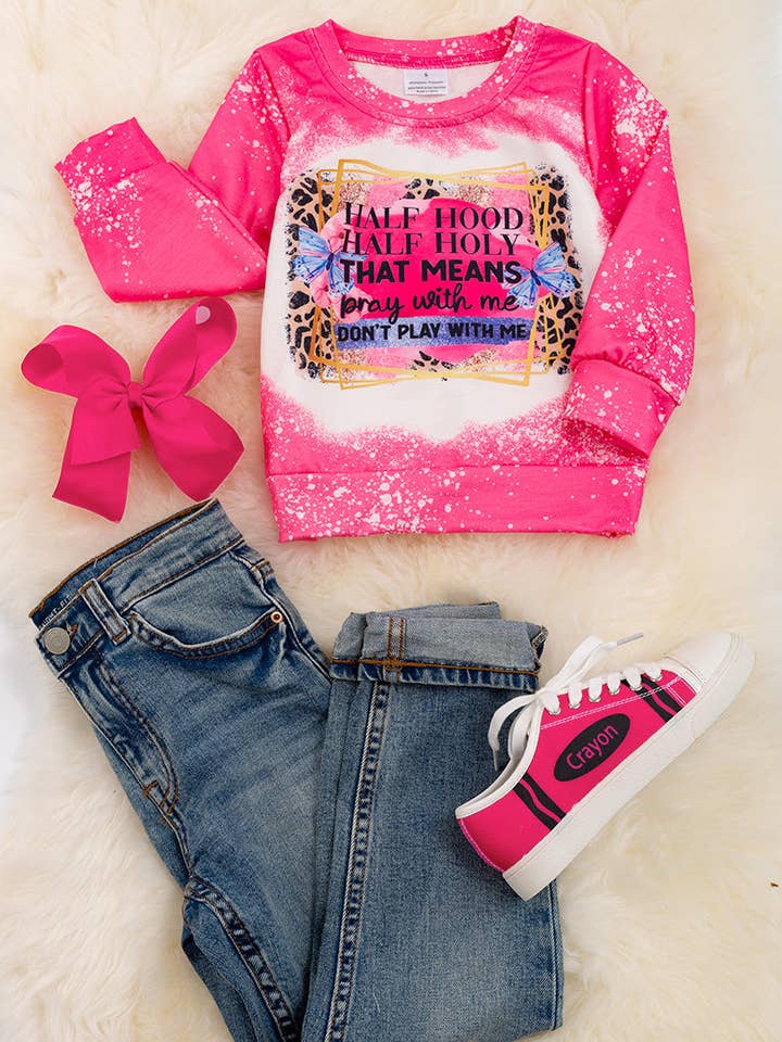 Hot pink Half Hood Half Holy printed girls sweatshirt. TPG65153104 wen for wholesale by Kids Charm Online