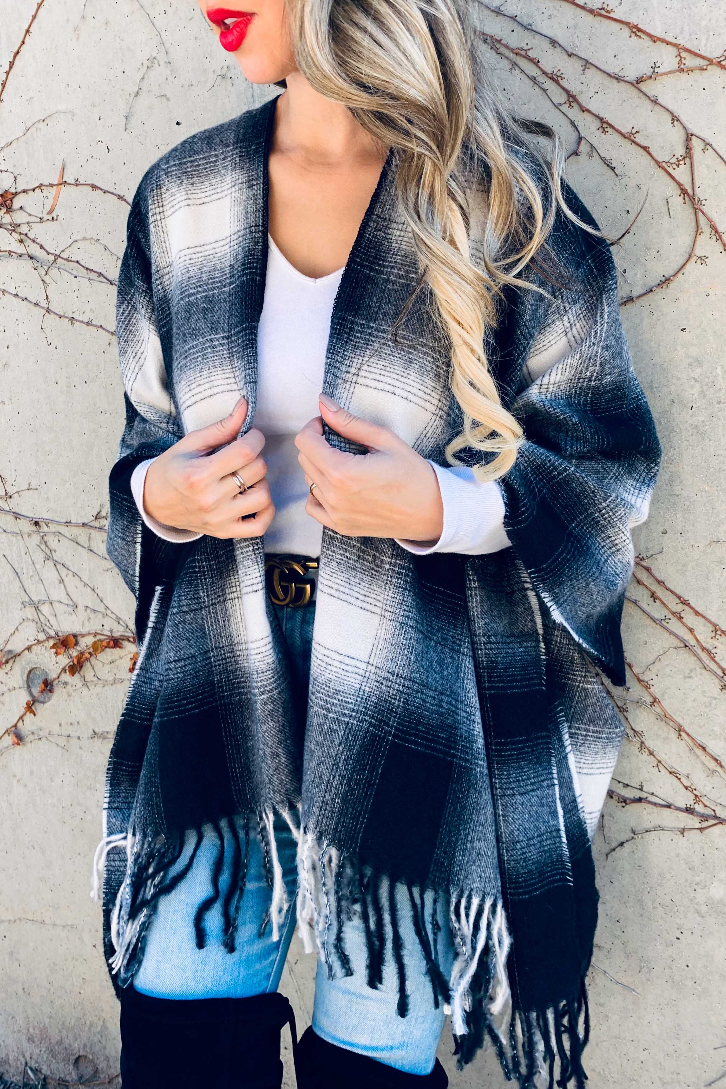 Black Plaid Printed Cozy Knitted Kimono Cardigan With Fringe for wholesale on Faire4