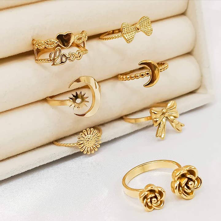 Anello regolabile cuore luna fiocco e fiore acciaio inossidabile per la vendita all'ingrosso da parte di Minimalistajoyeria