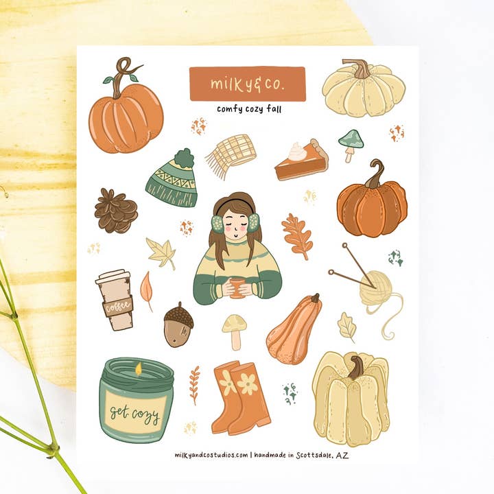 Comfy Cozy Fall Sticker Sheet for wholesale by Milky & Co. Studios