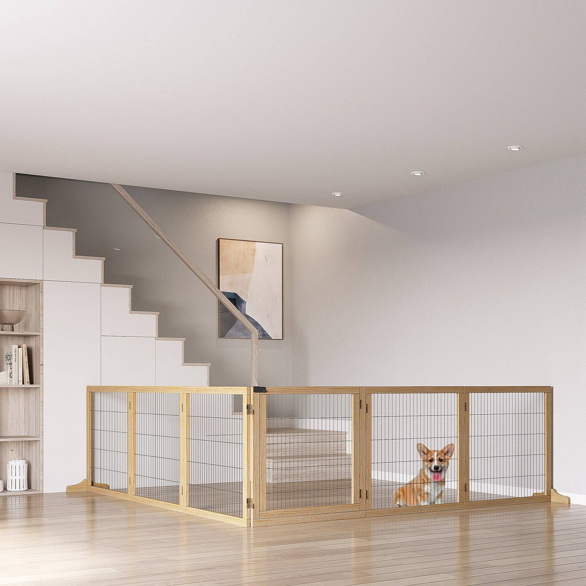 39F Inc. - Vente Barrière portative pliable – chien - PawHut Barrière pour Chien en Bois à 6 Panneaux de 170" - Bois Naturel0