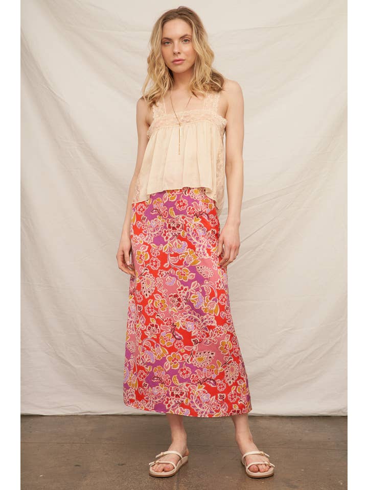 Pink Multi Floral Print Satin Midi Skirt for wholesale on Faire