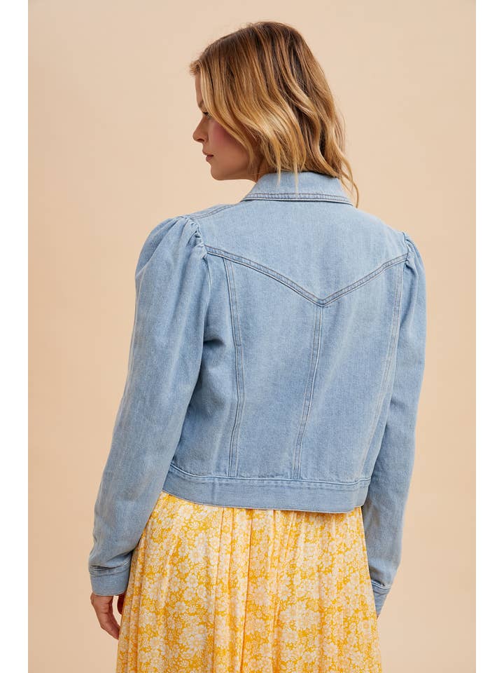 In Loom - Wholesale Denim Jacket - Women's - SHIRRED SLEEVE CROPPED DENIM JACKET