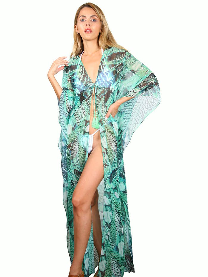 Green Feather - Long Open Front Kaftan for wholesale by Lotta Stensson