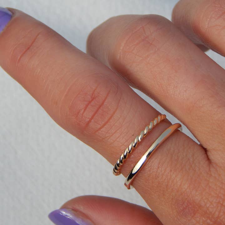 14k Gold Fill Twisted Band and Flat Hammered Stacking Ring Set for wholesale by Violet Moon Jewelry