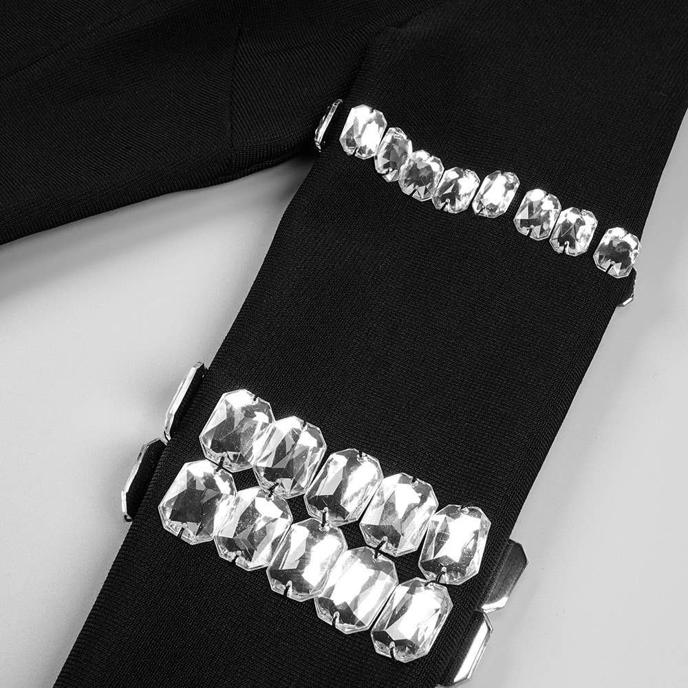 Black DR048 Studded Long Sleeve High Neck Bandage Knit Dress for wholesale on Faire4