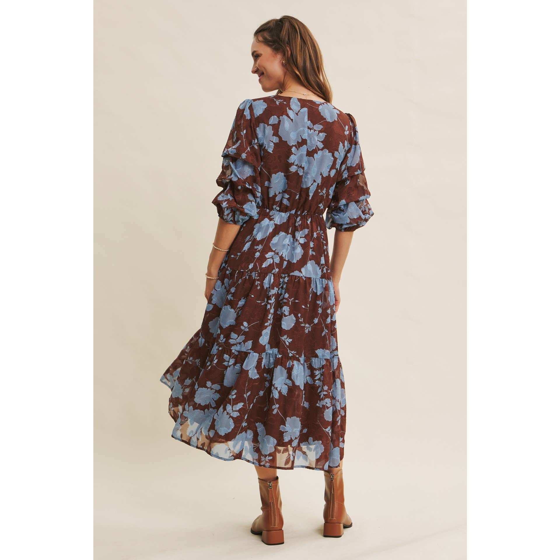 in february - Wholesale Dress - Women's - DREAMY JACQUARD FLORAL MIDI DRESS WITH STATEMENT SLEEVES22