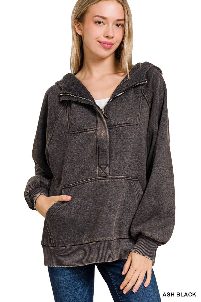 42POPS - Wholesale Hoodie - Women's - ..SI-25317 Washed Fleece Oversized 1/4 Zip Hoodie0
