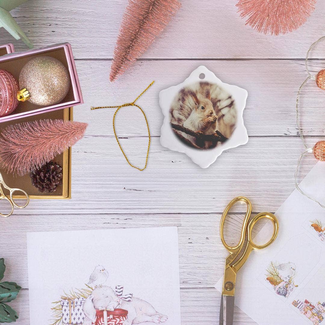 3dRose - Wholesale Ornament - 3dRose, Squirrel animal sits on a tree and eats a nut. Stylized photo, Ornament5