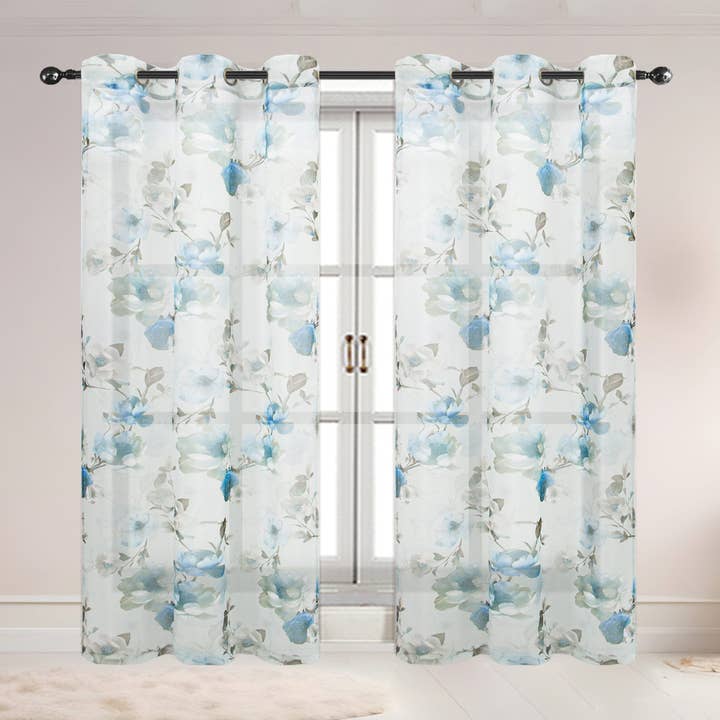 ShopBobbys - Wholesale Curtain - Alaina 2 Pack Floral Sheer Voile Grommet Window Curtain Panel, 37x84 Inches2