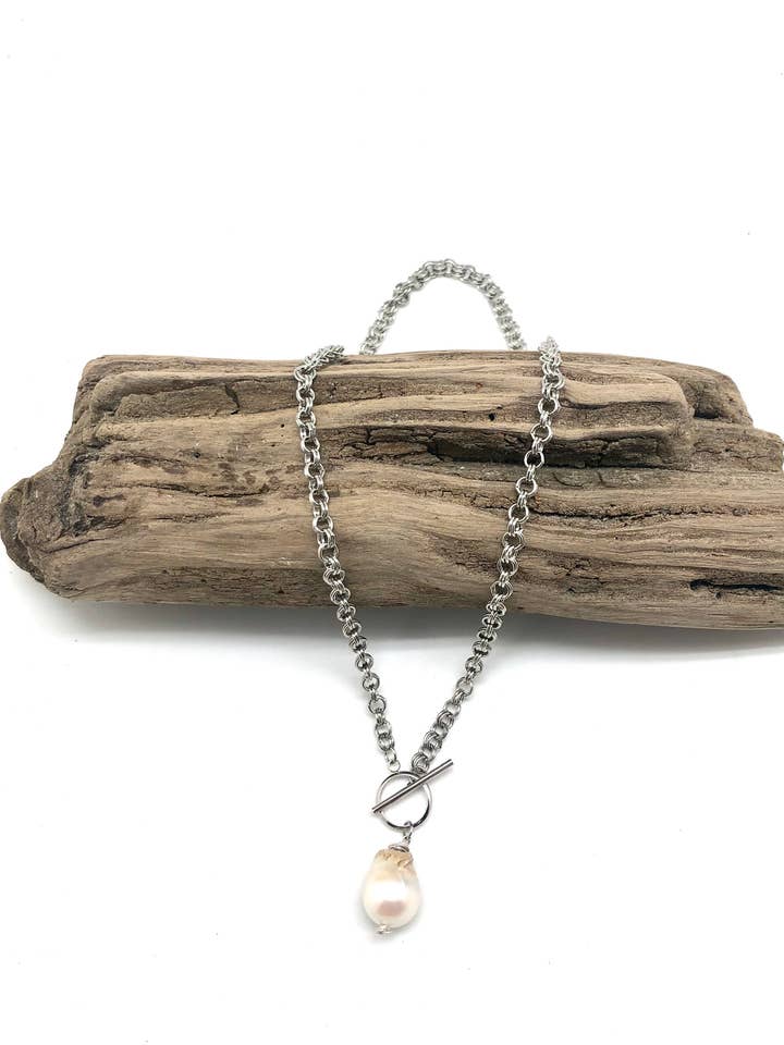 Necklace Stainless Steel Chain w/Toggle w/Baroque Pearl 18” for wholesale by Rant & Rave Classic