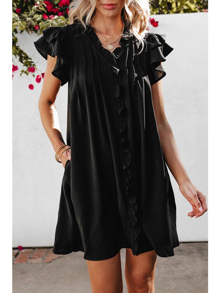 PRETTY BASH - Wholesale Dress - Women's - Ruffle Short Sleeve Buttoned Dress