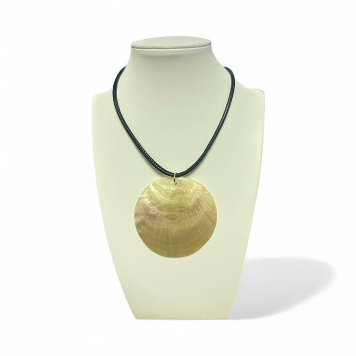 Simply Jewels - Wholesale Beaded/pearl necklace - LEATHER CORD WITH SEASHELL PEARL ADJUSTABLE WITH GOLD TEXTURED BEAD2