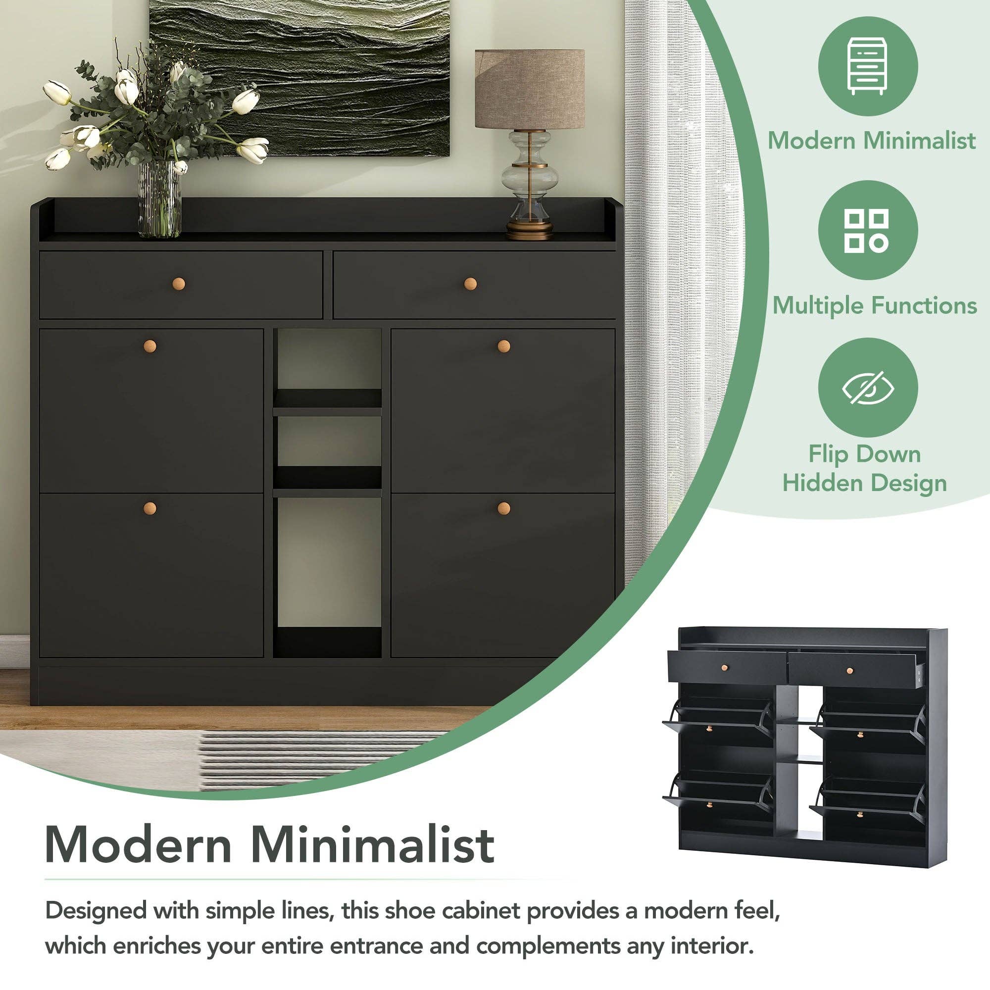 39F Inc. - Wholesale Shoe Rack - Modern Black Tipping Bucket Shoe Cabinet (4 Drawers, 2-Tier)2