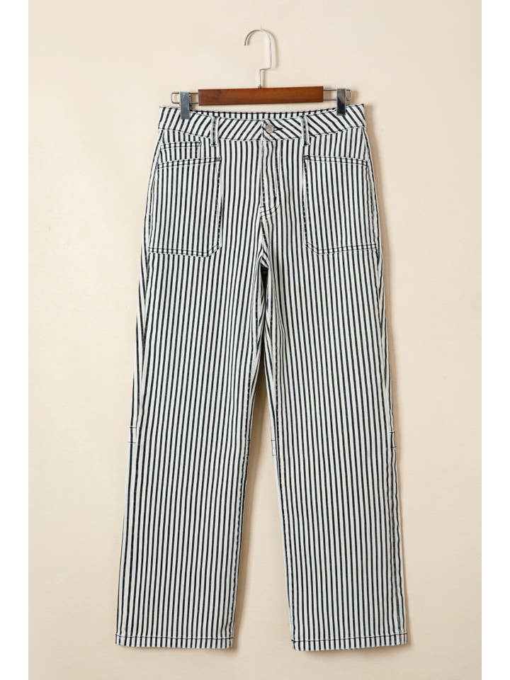 Rayures Noires Jean en denim à taille haute avec poche plaquée et coupe droite en vente sur Faire