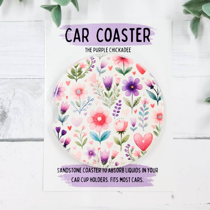 Dessous de verre pour voiture en grès à motifs floraux printaniers mélangés pour la vente par The Purple Chickadee