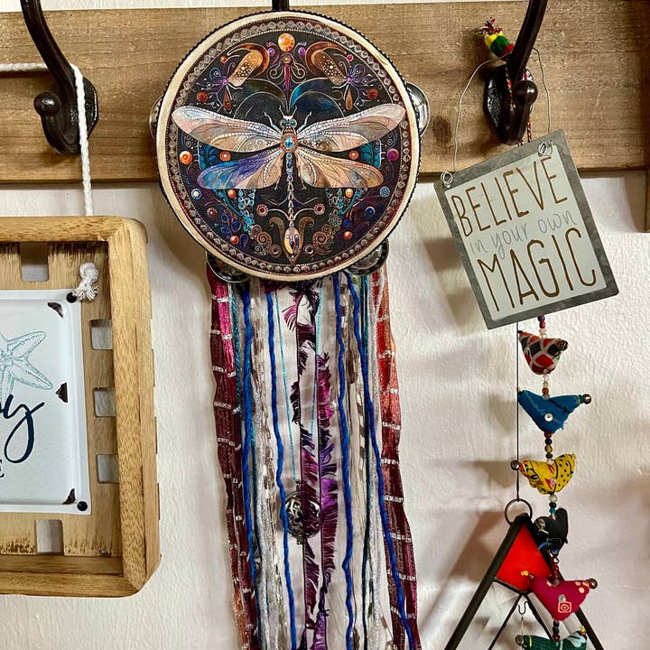 Charmed Art Nouveau Dragonfly 6" Tambourine and Ribbon for wholesale by Bodhi Leaf Market