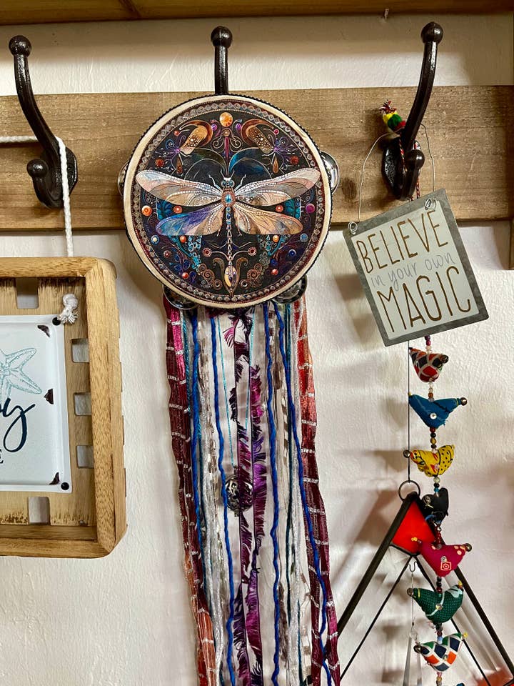 Charmed Art Nouveau Dragonfly 6" Tambourine and Ribbon for wholesale by Bodhi Leaf Market