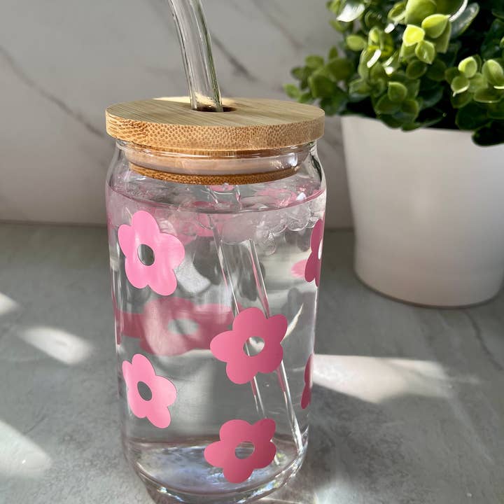 Designs & Crafts By Mo - Wholesale Drinking Glass/Cup - Retro Flower Coffee Glass Can, 16oz, Iced Coffee Beer Glass Can, Aesthetic TikTok Trendy, Free Shipping, Customizable Cup, Co-Worker Gift2