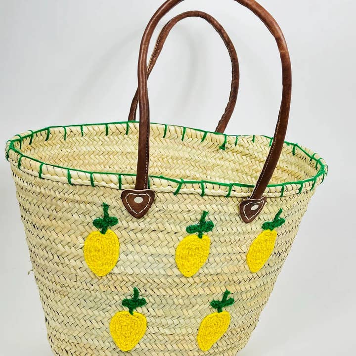 French Market Tote with Leather Handle - Embroidered Lemons for wholesale by Moroccan Natural bazaar
