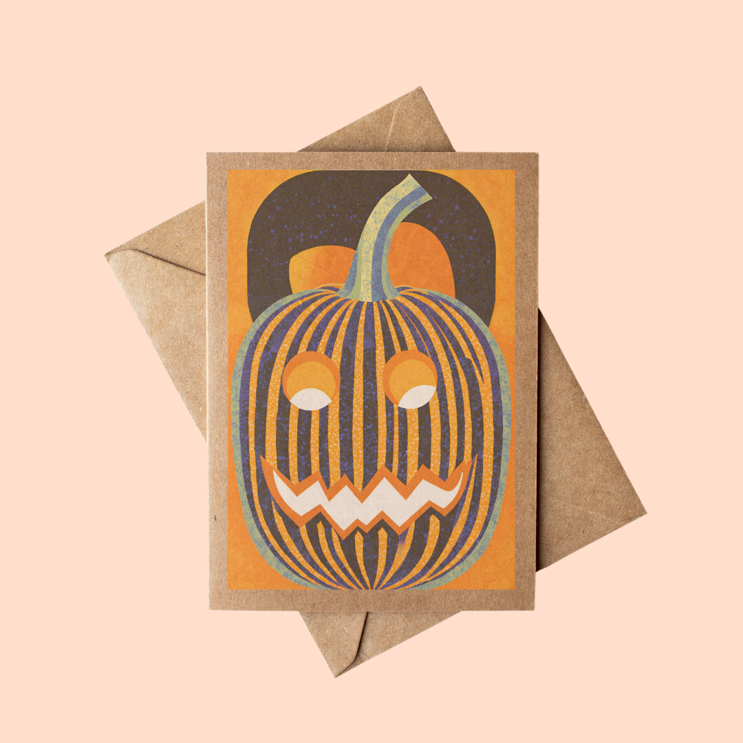 Cryptic Paper Co. – wholesale Halloween card – Geometric Orange & Black Pumpkin Kraft Paper Halloween Card1