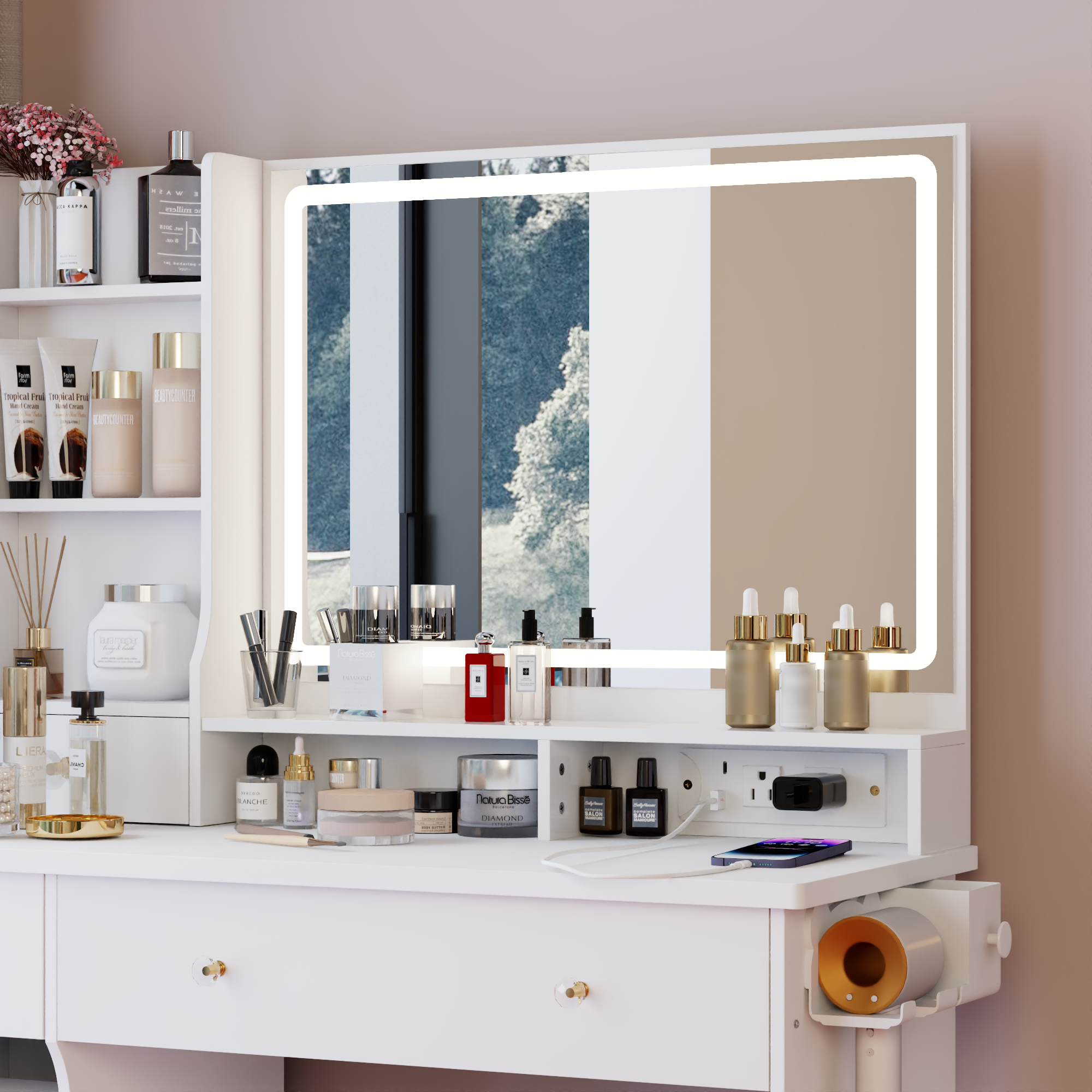39F Inc. - Vente Miroir de courtoisie - Ensemble de coiffeuse blanche de 41'' avec station d'alimentation et miroir LED10