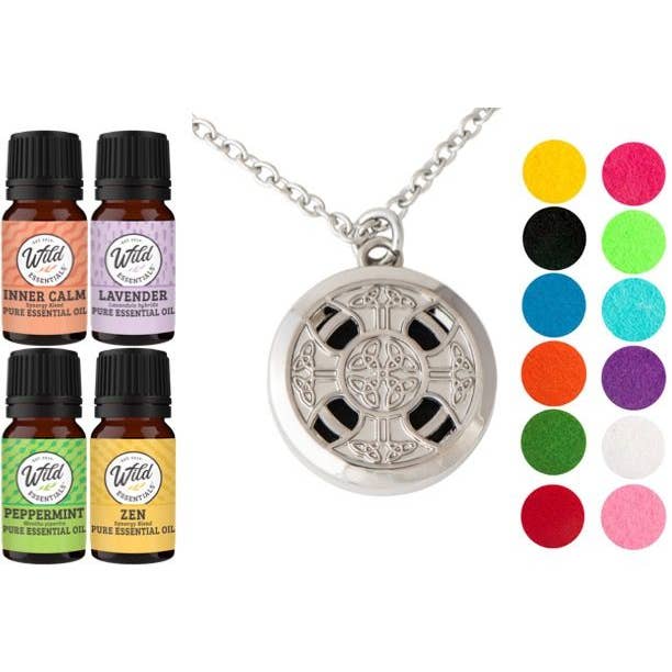 Celtic Cross Diffuser Necklace, chrome, 4 essential oils set for wholesale by Wild Essentials
