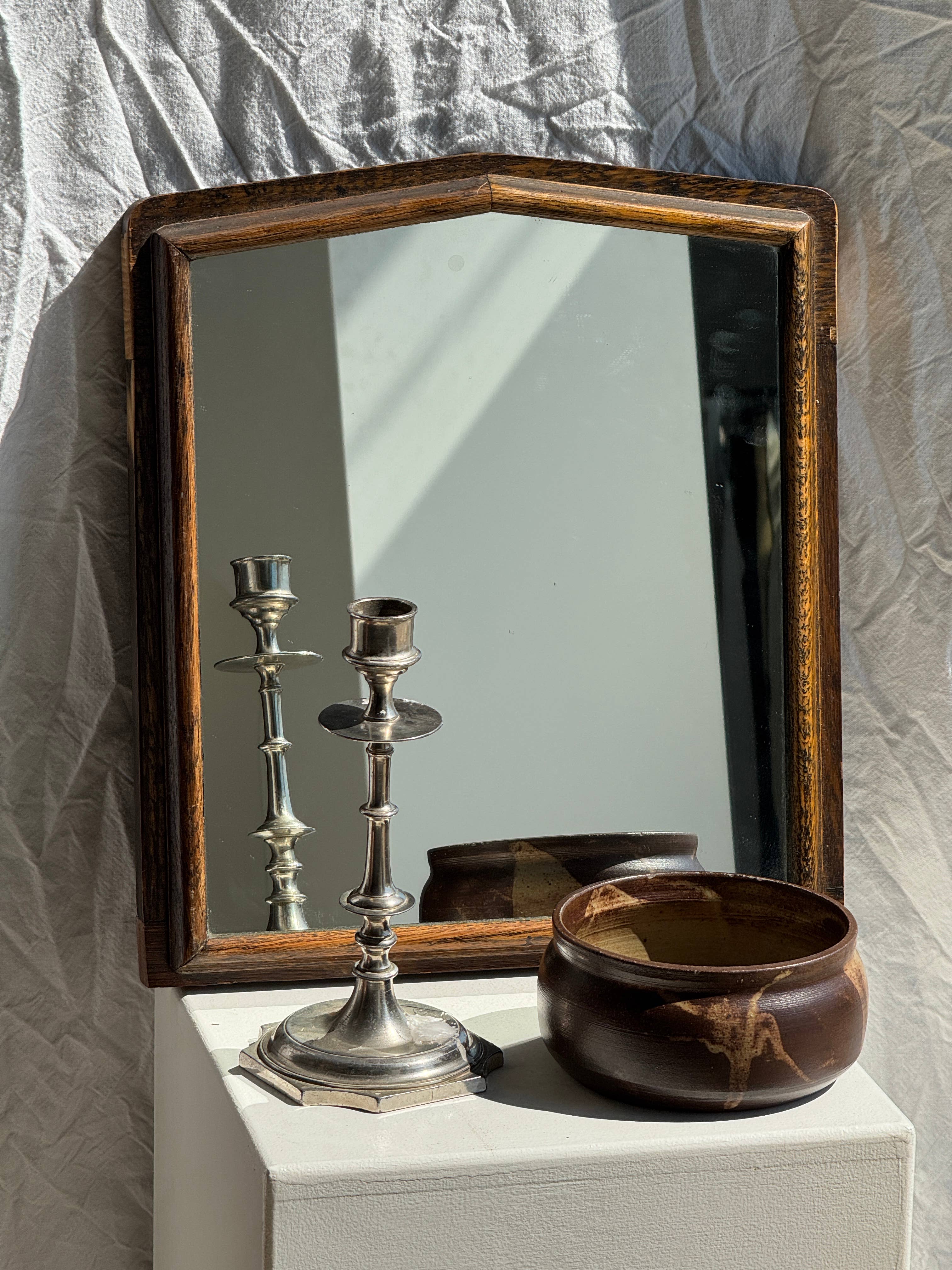 Brown Small antique English rectangular mirror with pediment for wholesale on Faire15