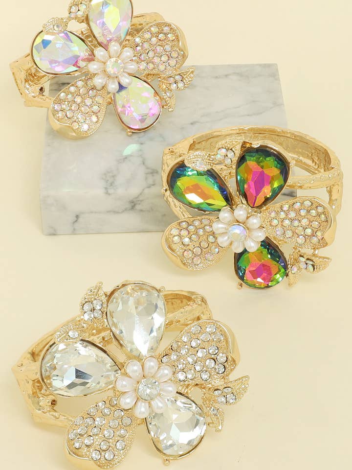 Floral Gemstone Hammered Metal Bangle Bracelet for wholesale by SP Sophia Collection