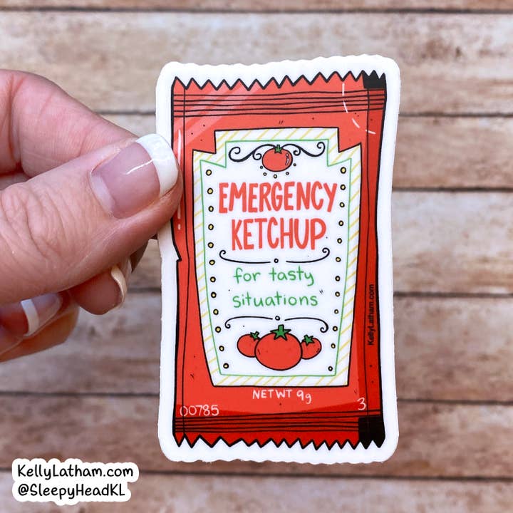 Emergency Ketchup Waterproof Vinyl Sticker Funny Food Cute for wholesale by Kelly Latham Art