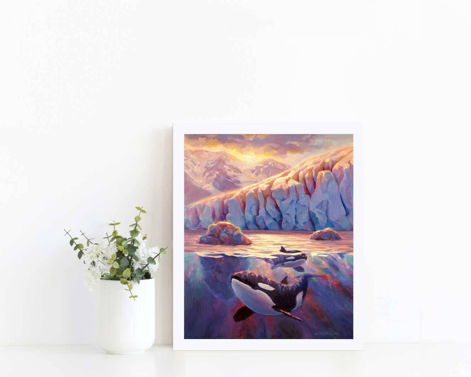 Whitworth Gallery - Wholesale Art Print - Orca Sunrise - Killer Whale Painting With Alaska Glacier2