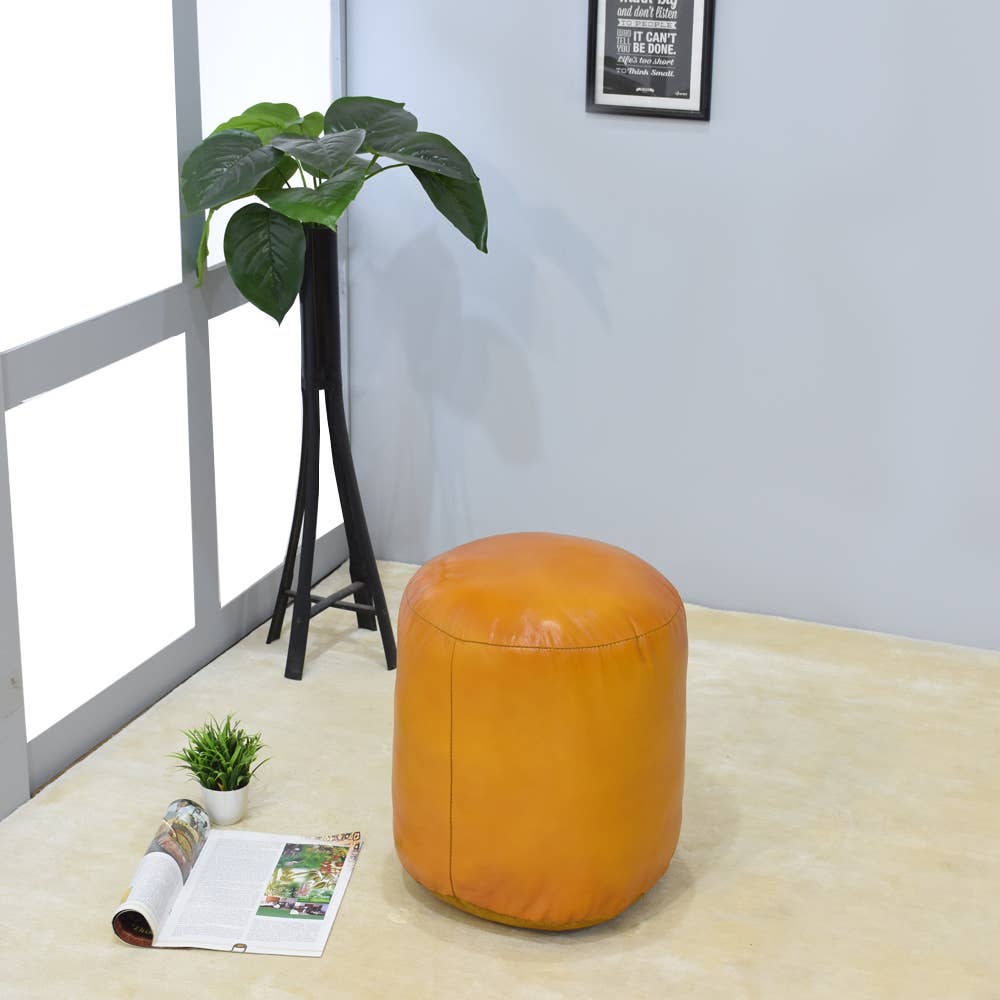 BBH Homes LLC - Wholesale Pouf - Solid Handmade Leather Round Pouf Mustard Color BBH Homes0