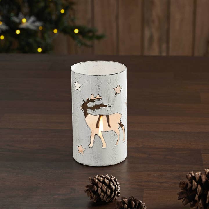 VHC Brands - Wholesale Candle Holder - Winter Walk Distressed White Metal Candle Holder 4.25x2.75x2.75