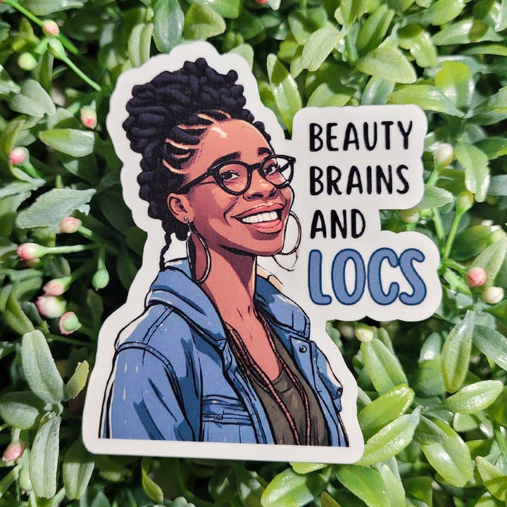 Beauty Brains and Locs Sticker for wholesale by Self Care Tribe