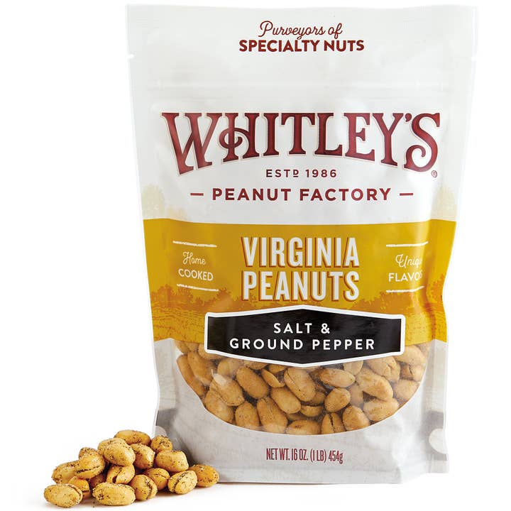 16 oz. Pouch Bags Salt & Ground Pepper Virginia Peanuts for wholesale by Whitley's Peanut Factory