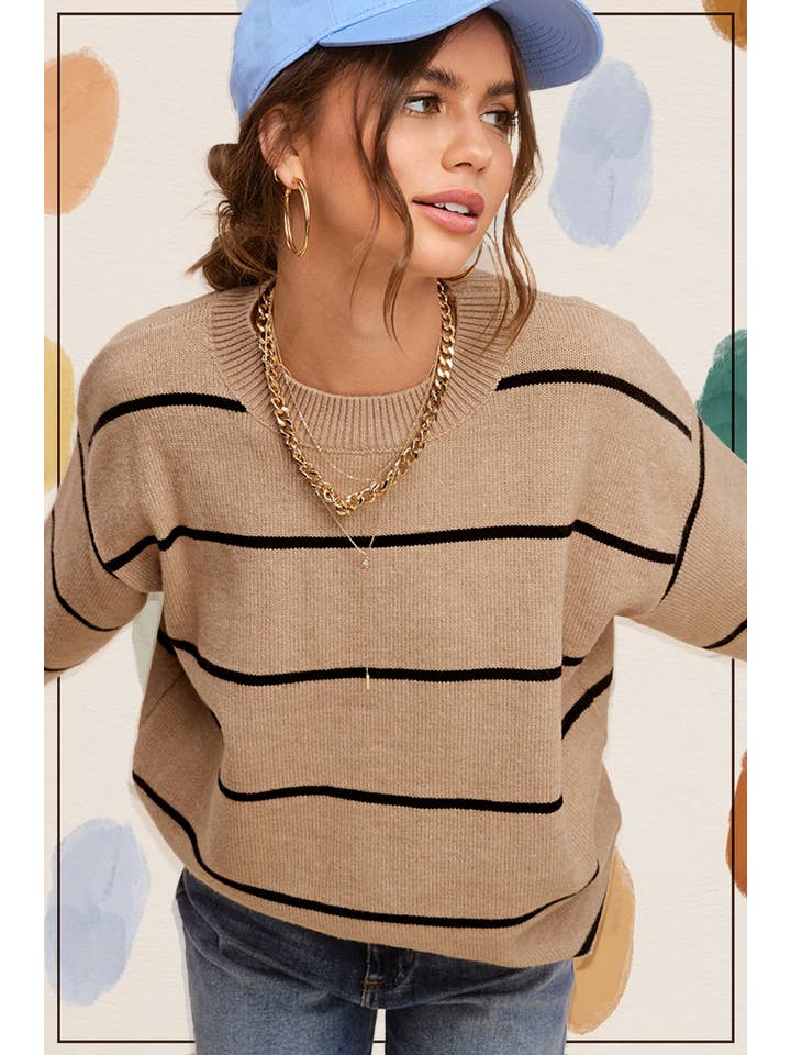La Miel - Wholesale Knit Sweater - Women's - HCS3553-Loose Fit Stripe Long Sleeve Crewneck Sweater