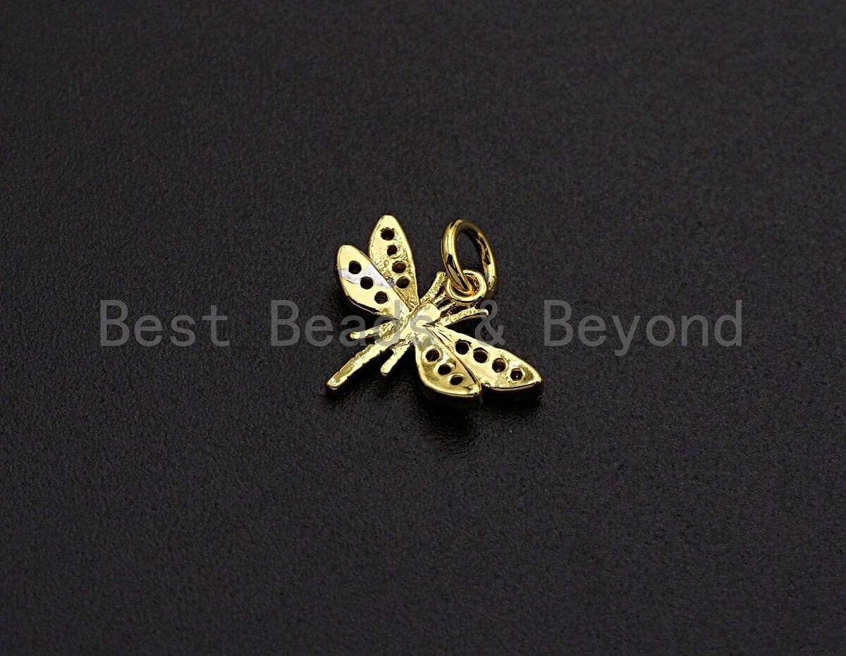 BestBeads&Beyond - Wholesale Individual Charm/Pendant - Colorful CZ Micro Pave Dragonfly Shape Pendant,Cubic Zirconia Dragonfly Charm, Gold Tone, 12x16mm,sku#Z7392